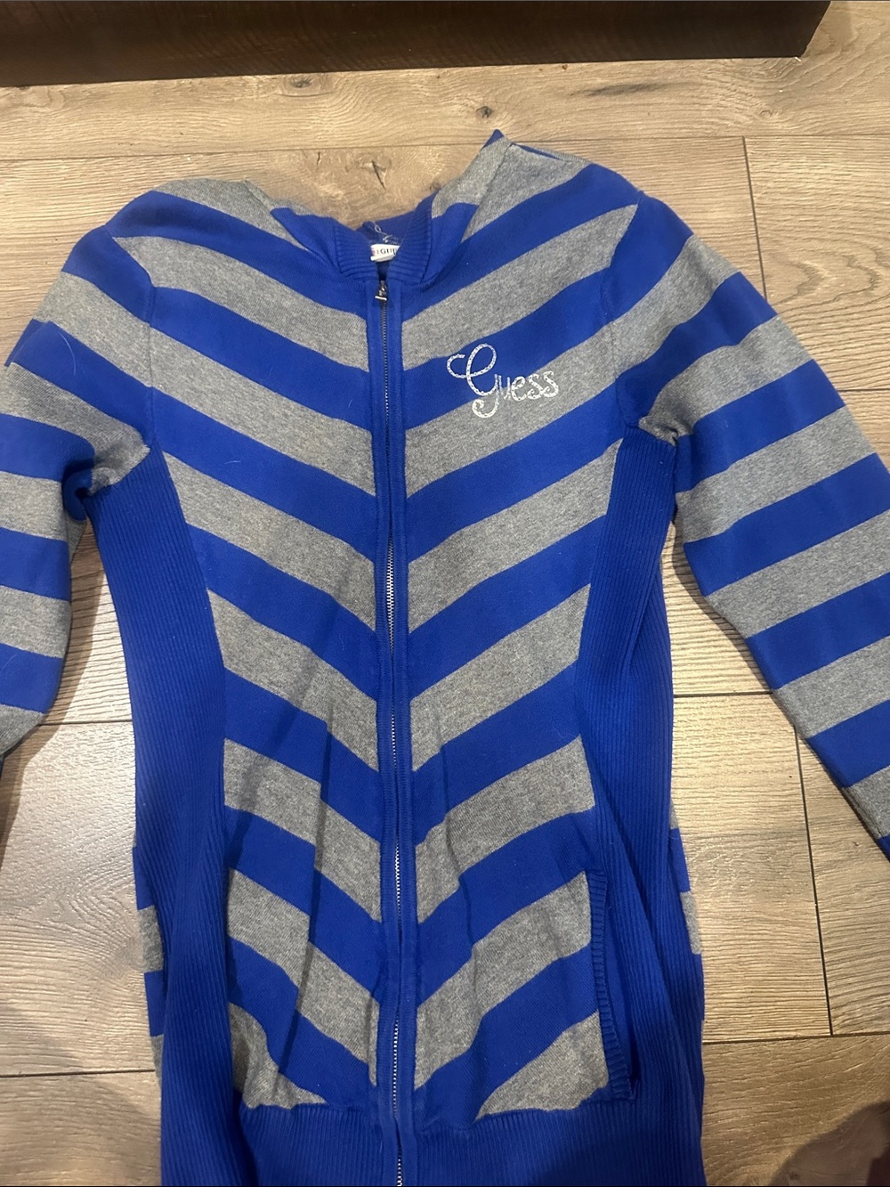 Guess Blue and Gray Striped Zip-Up Cardigan Sweater
